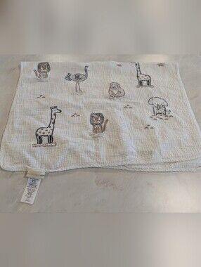 Pottery Barn Kids White Cotton Muslin Blanket with Safari Animals